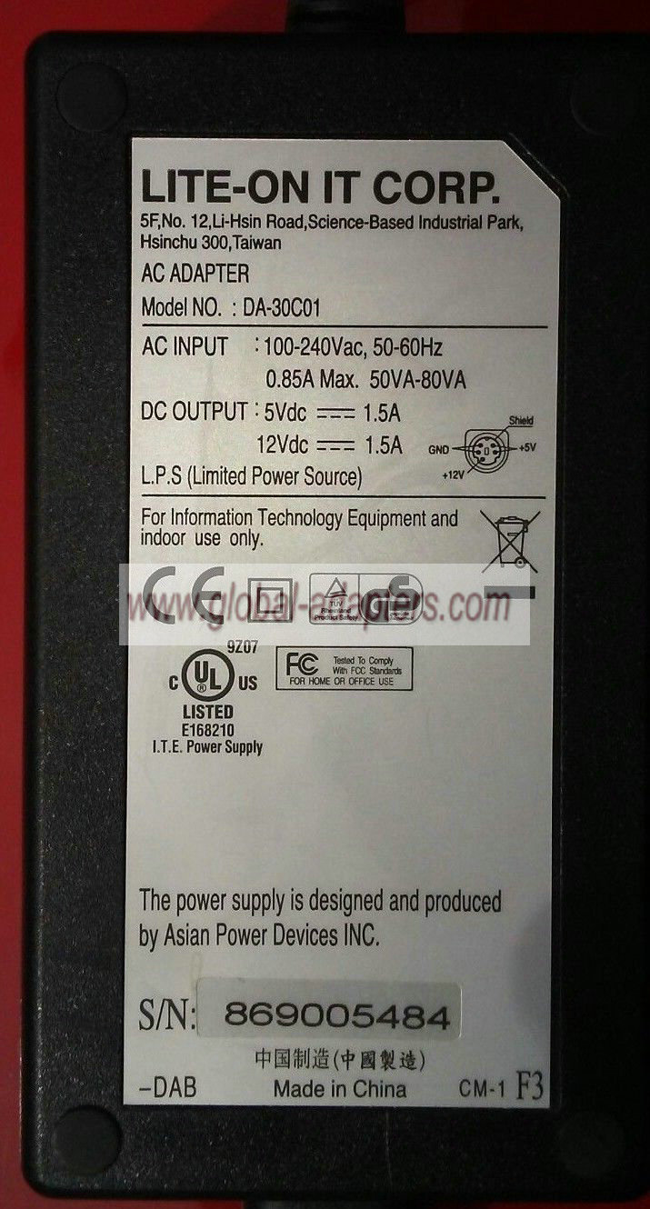 New 5V 1.5A 12V 1.5A 5-PIN Lite-On It Asian Power Corp. DA-30C01 AC Adapter